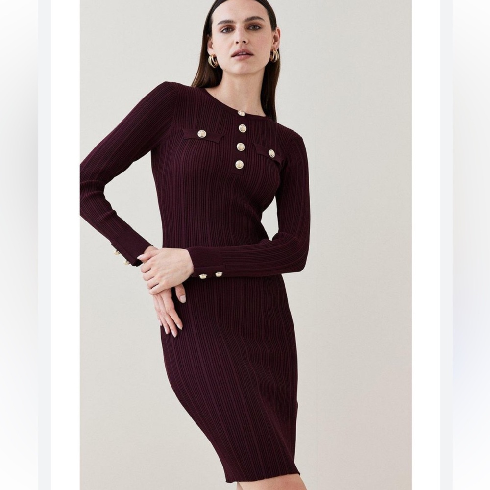Karen Millen Military Trim Rib Knitted Midi Sweater Dress Medium Wine Colored - Picture 2 of 7